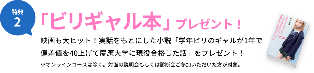 特典2 「ビリギャル本」プレゼント！ 映画も大ヒット！実話をもとにした小説「学年ビリのギャルが1年で偏差値を40上げて慶應大学に現役合格した話」をプレゼント！※オンラインでの参加の場合、後日郵送いたします。