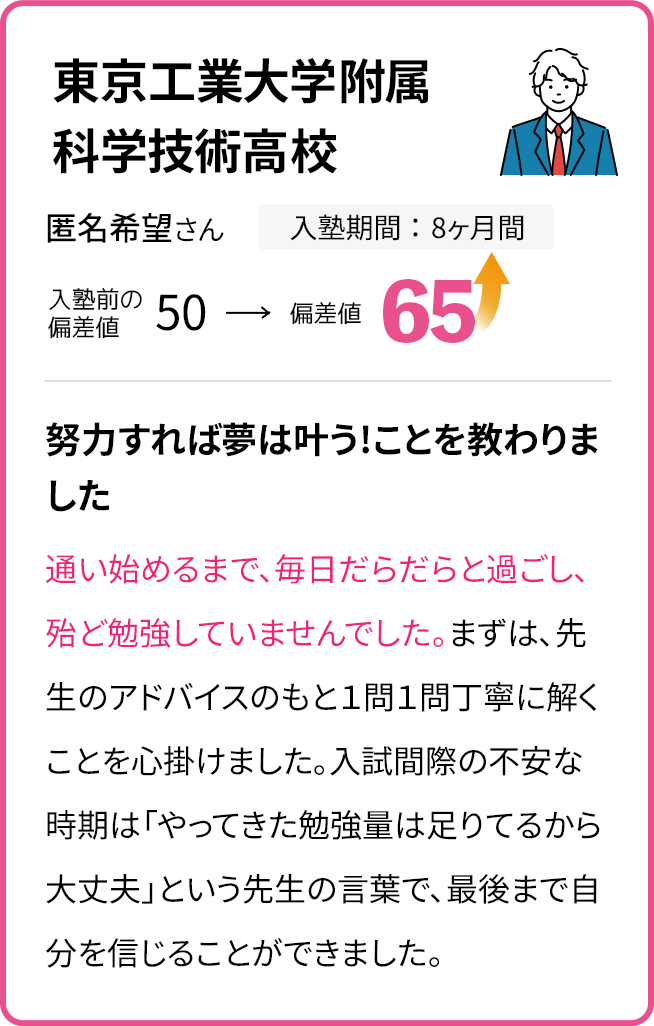 東京工業大学附属科学技術高校 入学前の偏差値50 入学8ヶ月後の偏差値65