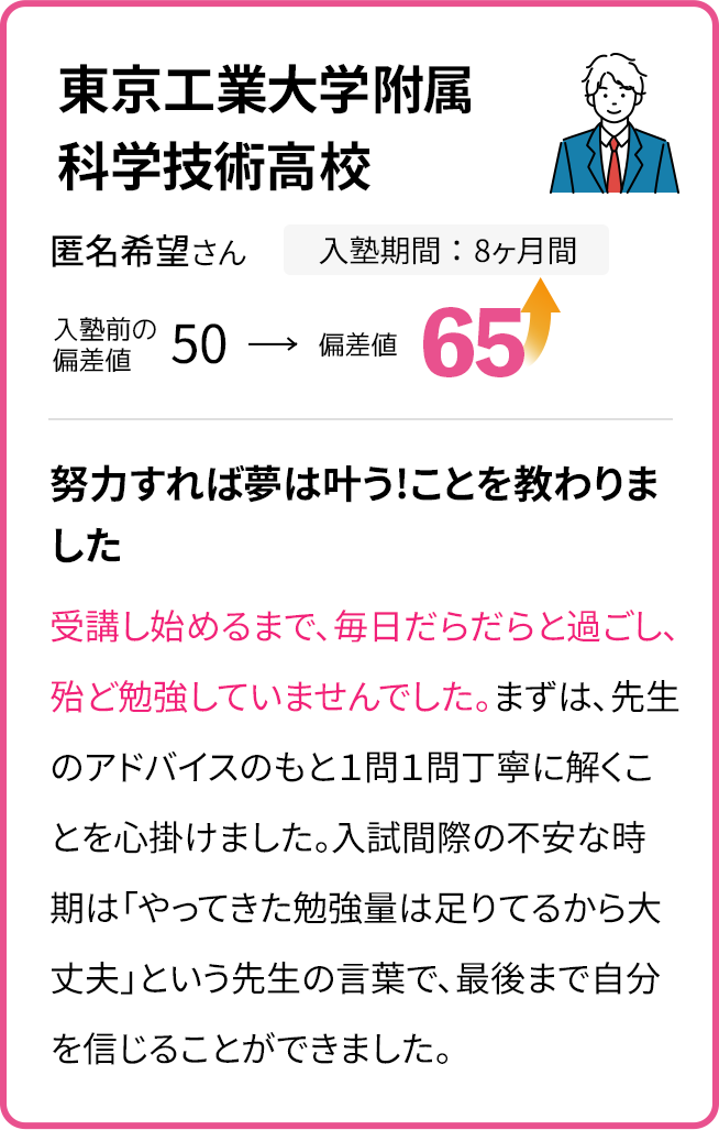 東京工業大学附属科学技術高校 入学前の偏差値50 入学8ヶ月後の偏差値65