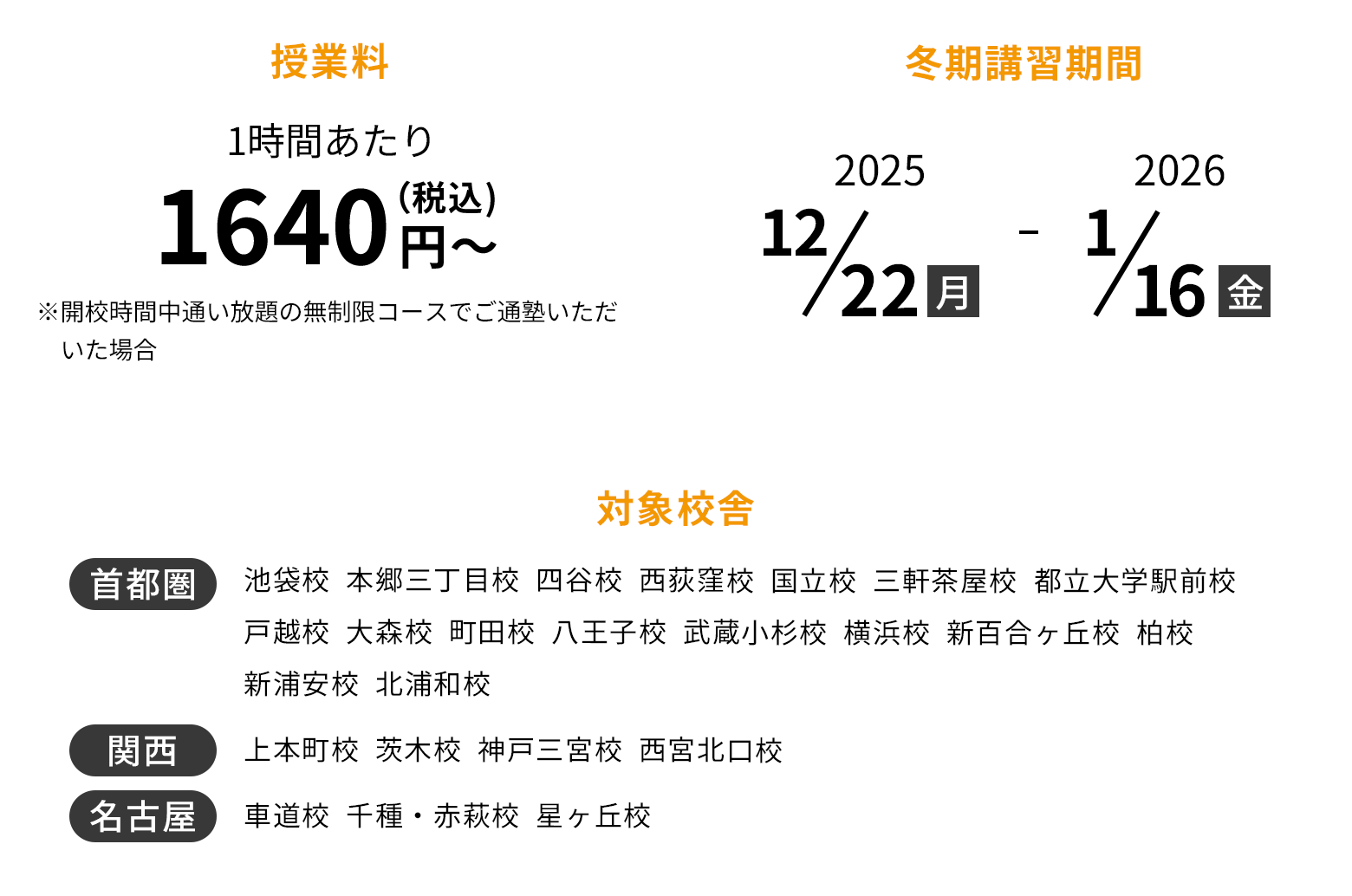 授業料 1時間あたり1640円(税込)〜※開校時間中通い放題の無制限コースでご通塾いただいた場合 冬期講習期間 2025/12/22 ~ 2026/1/16
