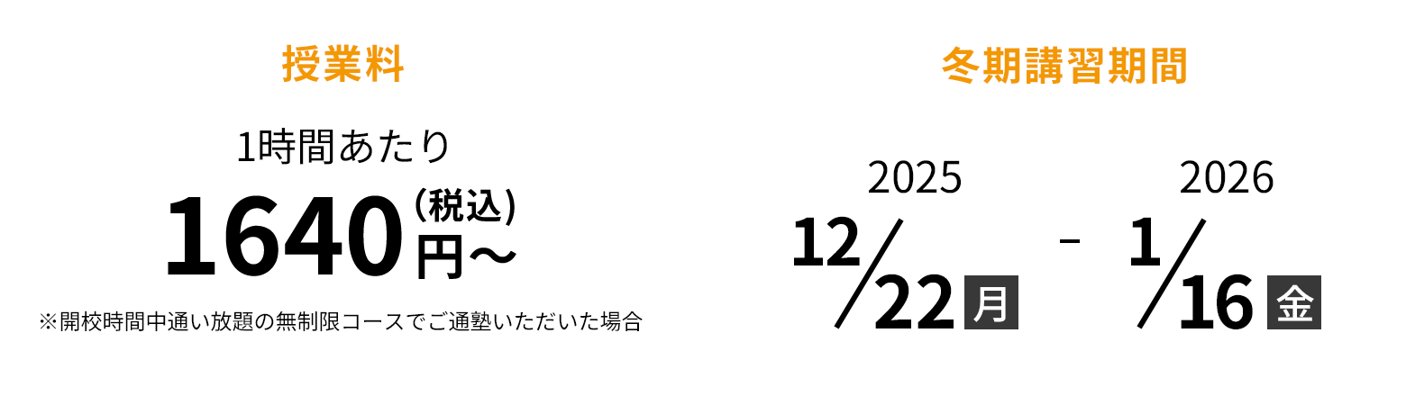 授業料 1時間あたり1640円(税込)〜※開校時間中通い放題の無制限コースでご通塾いただいた場合 冬期講習期間 2025/12/22 ~ 2026/1/16