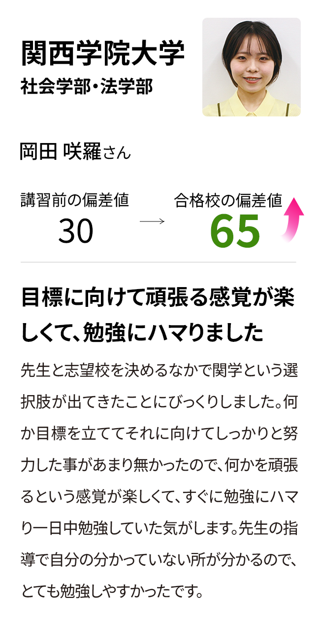 関西学院大学社会学部・法学部 入塾前の偏差値30 合格校の偏差値65