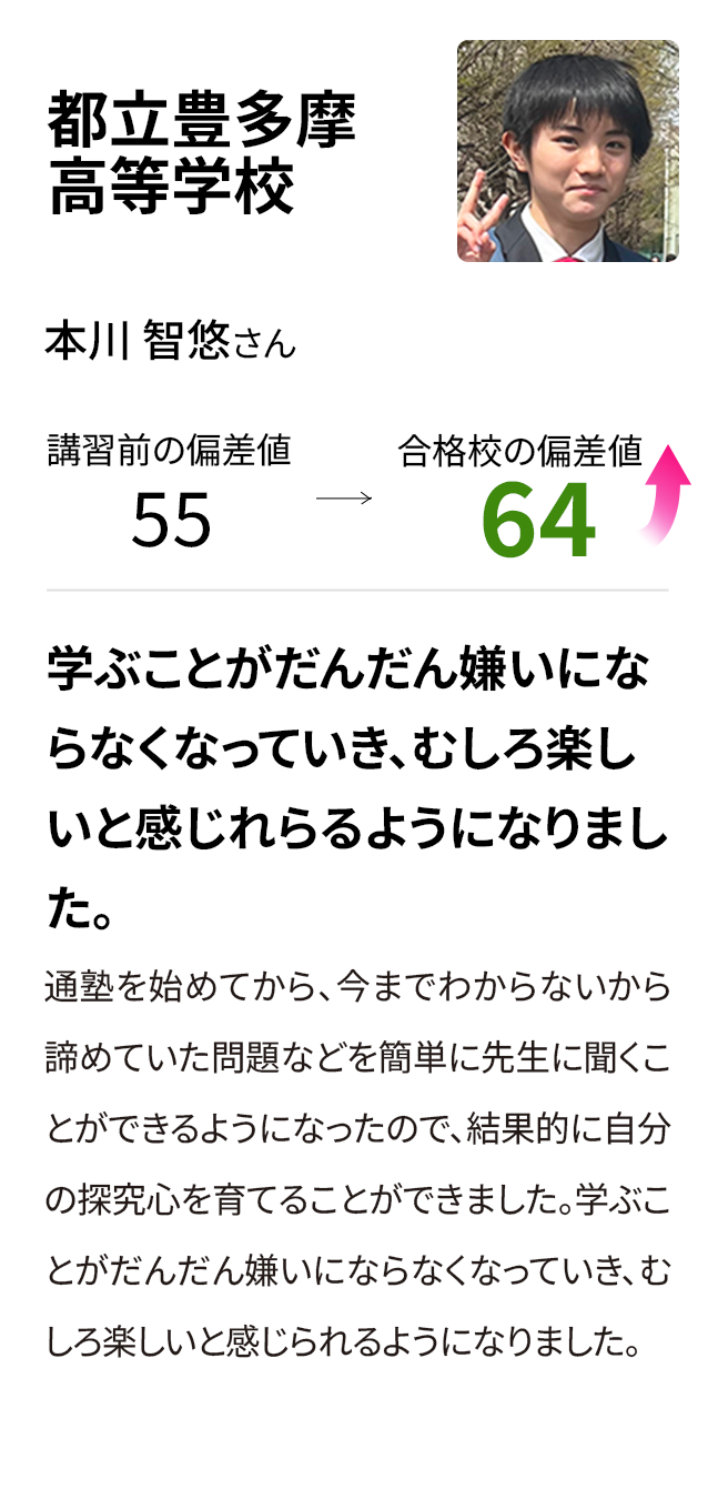 東京都立豊多摩高等学校 入塾前の偏差値55 合格校の偏差値64