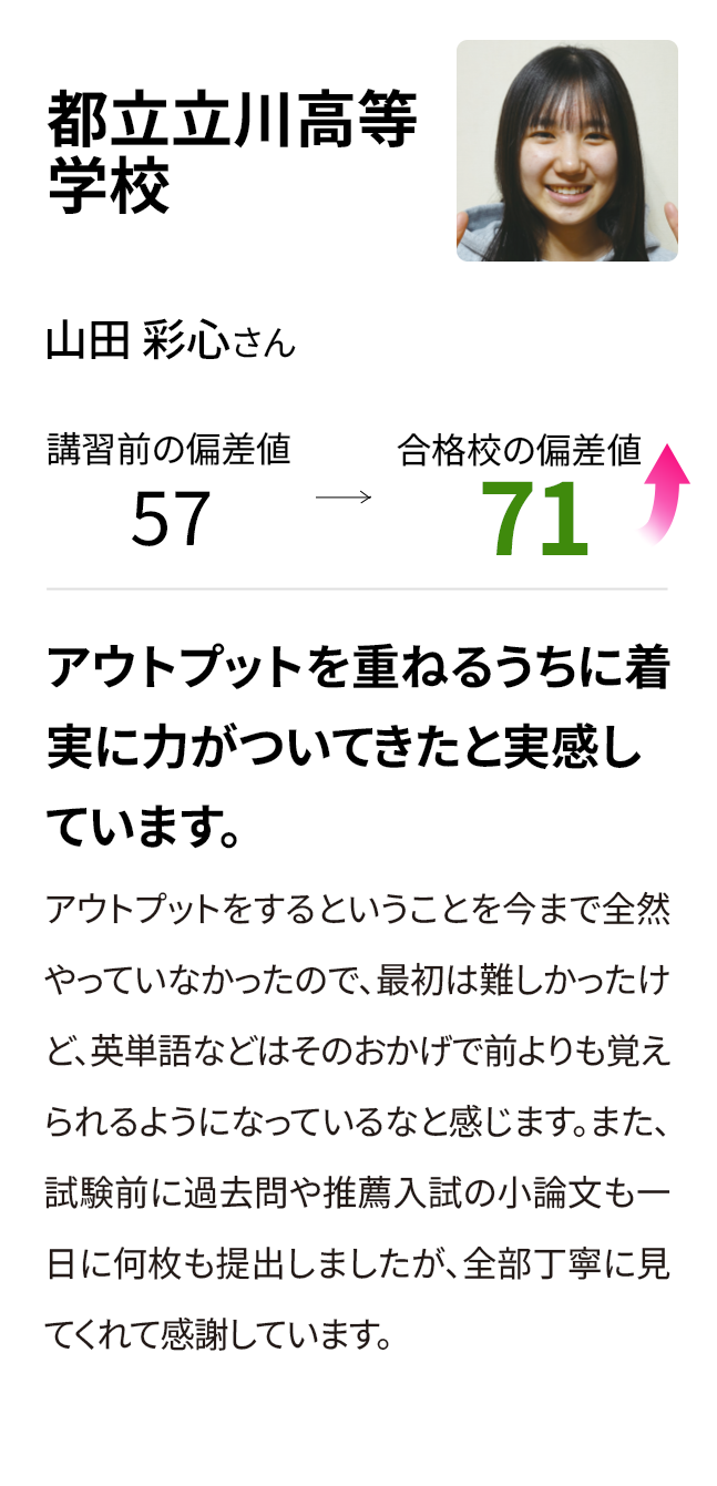 都立立川高等学校 入塾前の偏差値57 合格校の偏差値71