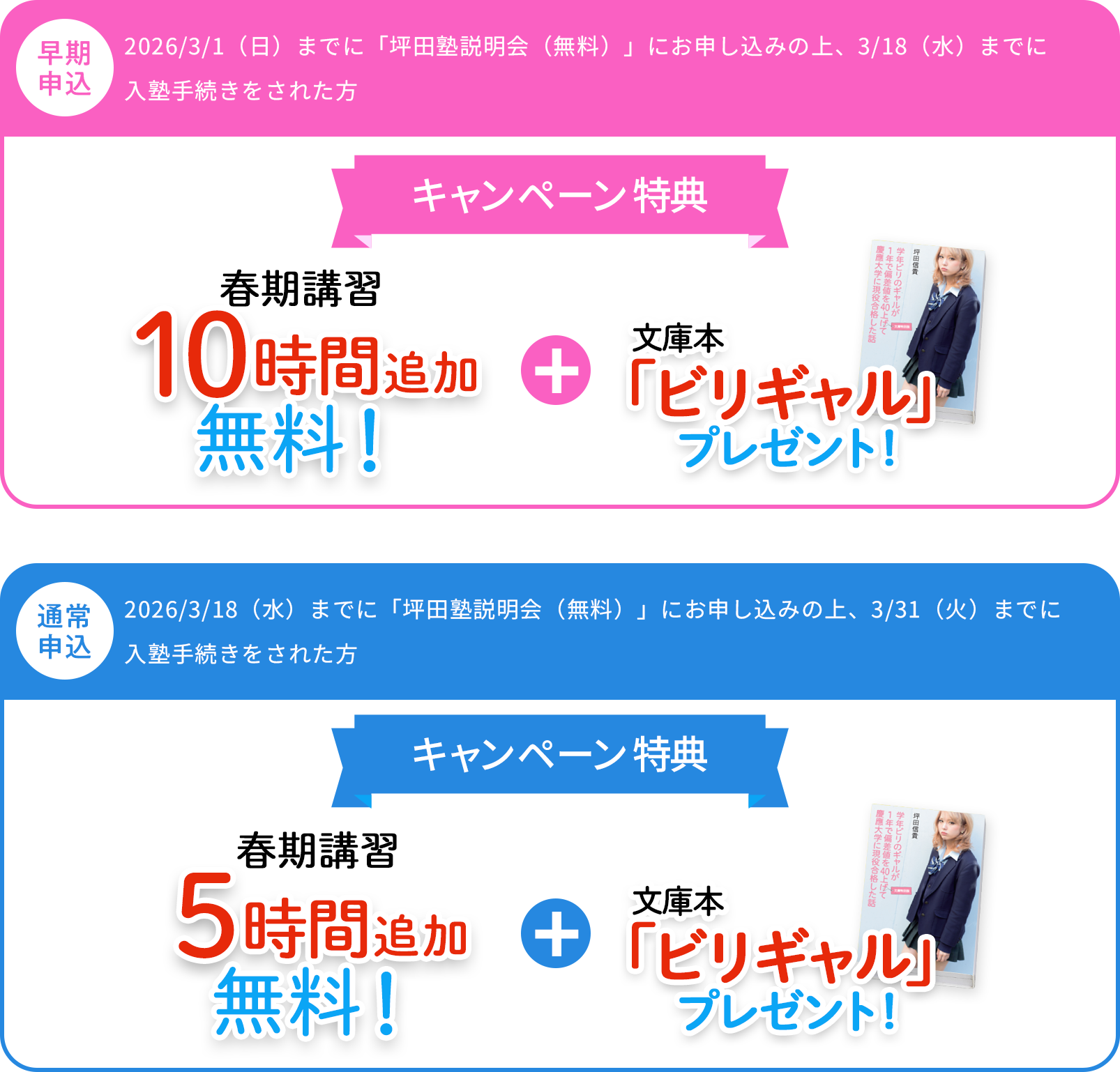 早期申込 2026/3/1（日）までに「坪田塾説明会（無料）」にお申し込み、2026/3/18（水）までに入塾手続きをされた方 キャンペーン特典 春期講習 10時間追加無料＋文庫本「ビリギャル」プレゼント！　通常申込 2026/3/18（水）までに「坪田塾説明会（無料）」にお申し込み、2026/3/31（火）までに入塾手続きをされた方 キャンペーン特典 春期講習5時間追加無料＋文庫本「ビリギャル」プレゼント！