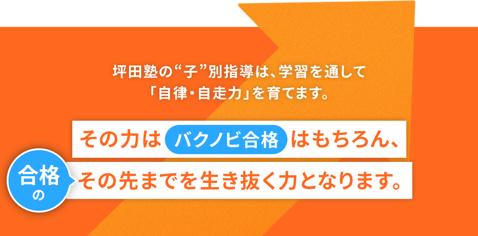 あこがれの合格を、最高のスタートに。坪田塾の“子”別指導は、学習を通して合格のその先を生き抜く「自律・自走力」を育てます。