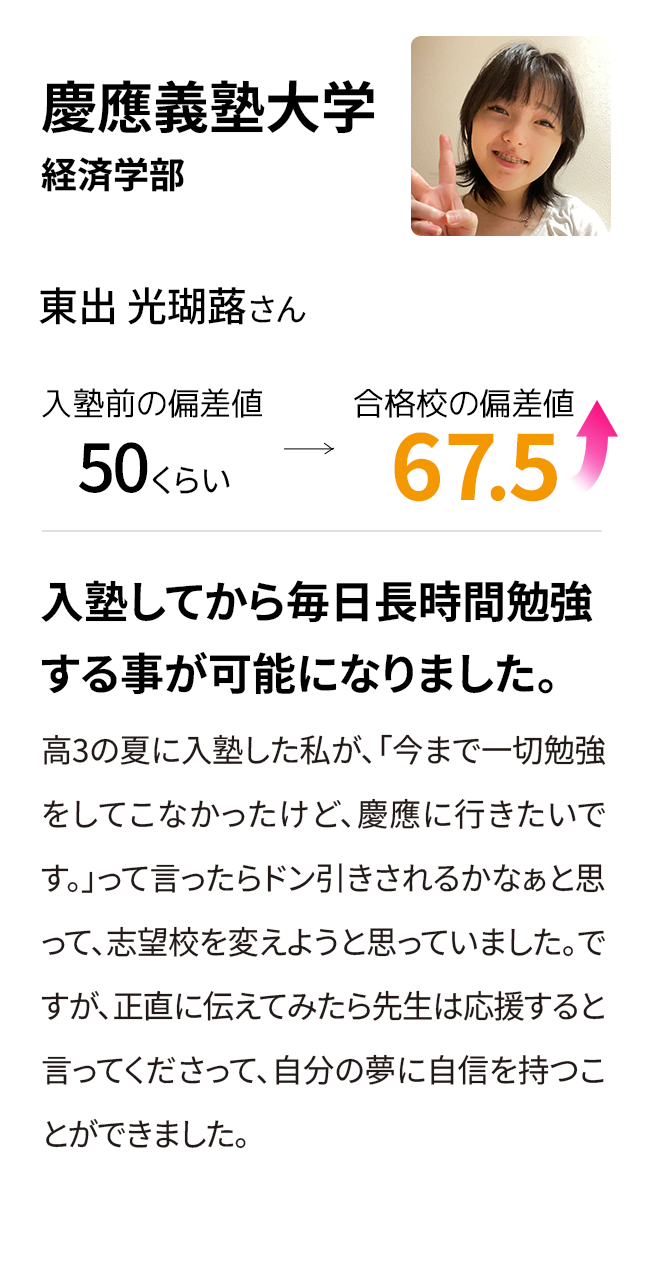 慶應義塾大学法学部 入塾前の偏差値50くらい 合格校の偏差値67.5