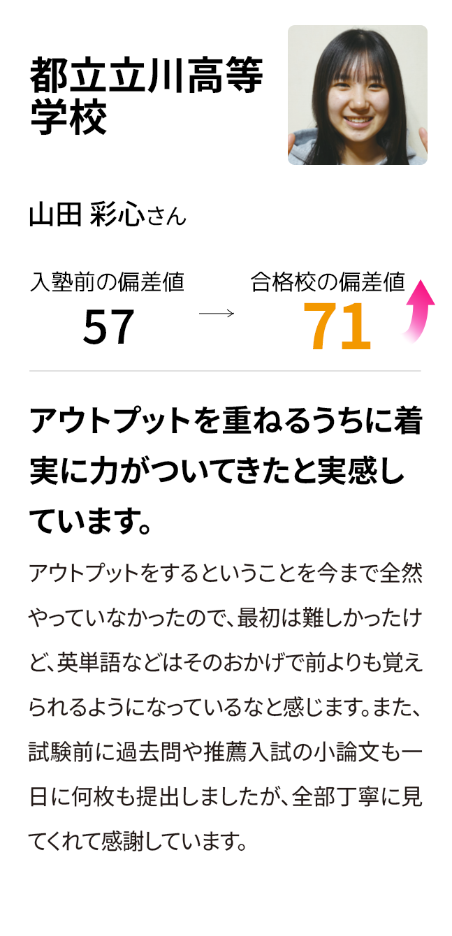 都立立川高等学校 入塾前の偏差値57 合格校の偏差値71